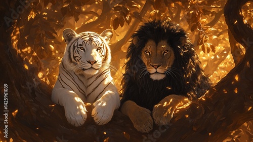 White tiger, black lion resting in autumn tree