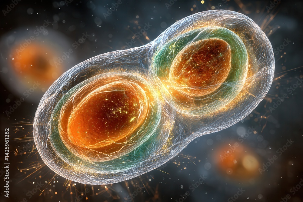 A vibrant digital representation of mitosis, showing a cell splitting with radiant orange cores and detailed cell membranes.