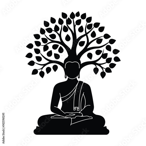 Lord Buddha Meditating Under the Bodhi Tree Vector in Black Color – Peaceful Vesak Day Design