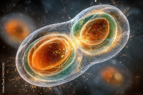 A vibrant digital representation of mitosis, showing a cell splitting with radiant orange cores and detailed cell membranes.