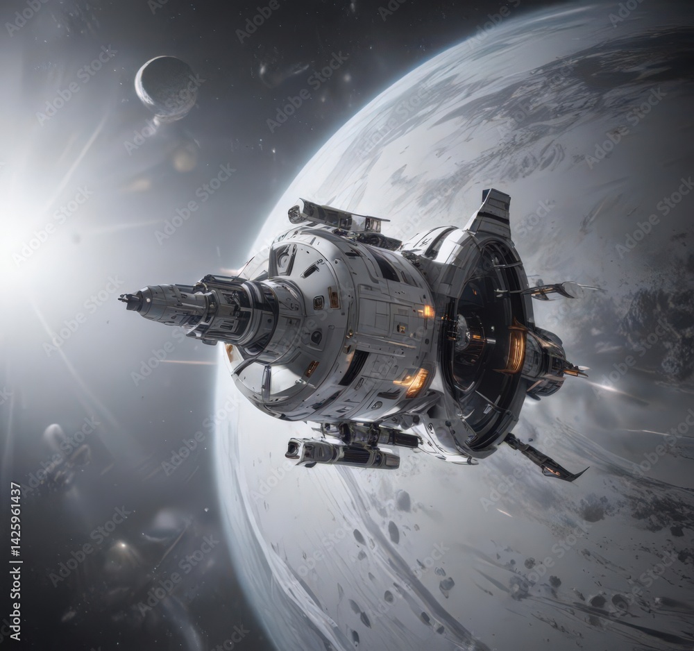 Sleek spacecraft orbits luminous white planet Vast, white space backdrop , innovation, exploration Sleek spacecraft orbits luminous white planet Vast, white space backdrop , innovation, exploration