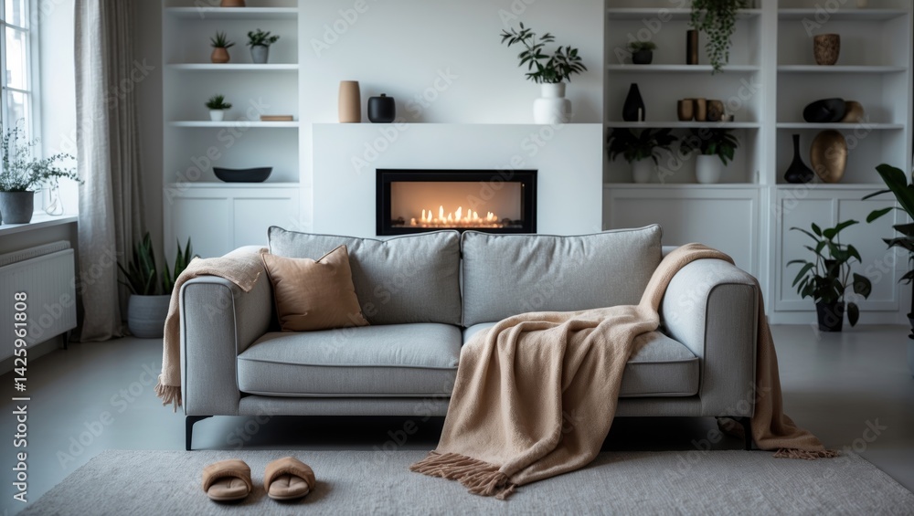 Obraz premium Living room interior featuring sofa, fireplace, and slippers on the carpet