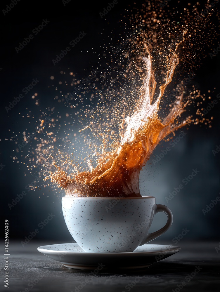 A dynamic splash of coffee bursts from a white ceramic cup, frozen in mid-air with droplets captured in rich lighting against a dark background.