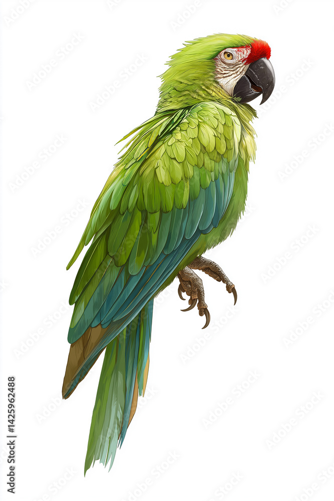 Fototapeta premium Green macaw parrot isolated on white – full body tropical bird photo