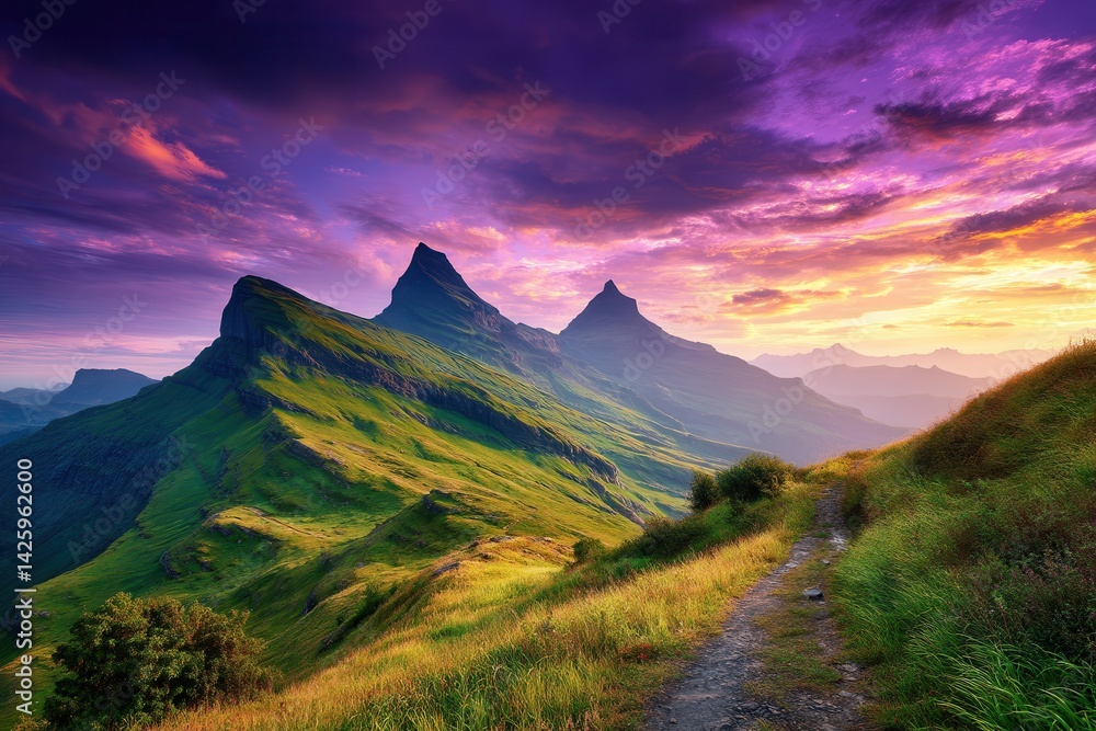 A lush green mountain range with sharp peaks is illuminated by a vibrant purple and orange sunset sky, with a trail leading into the distance.