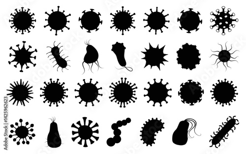 Set of black virus microbe silhouette. Vector illustration
