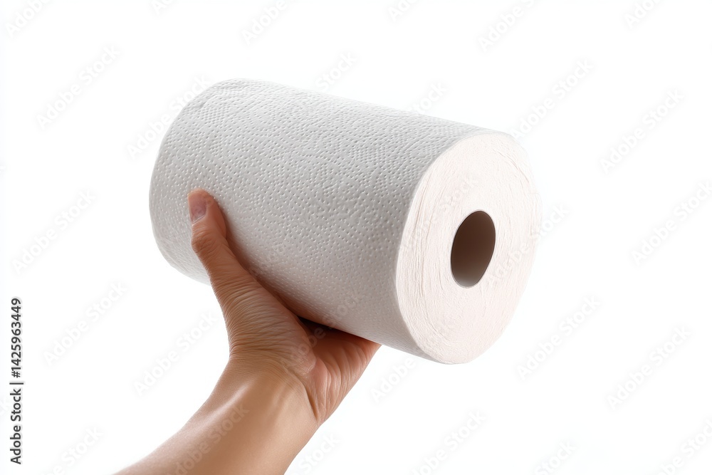 Fototapeta premium Hand holding a fresh roll of toilet paper to emphasize daily essentials for home hygiene