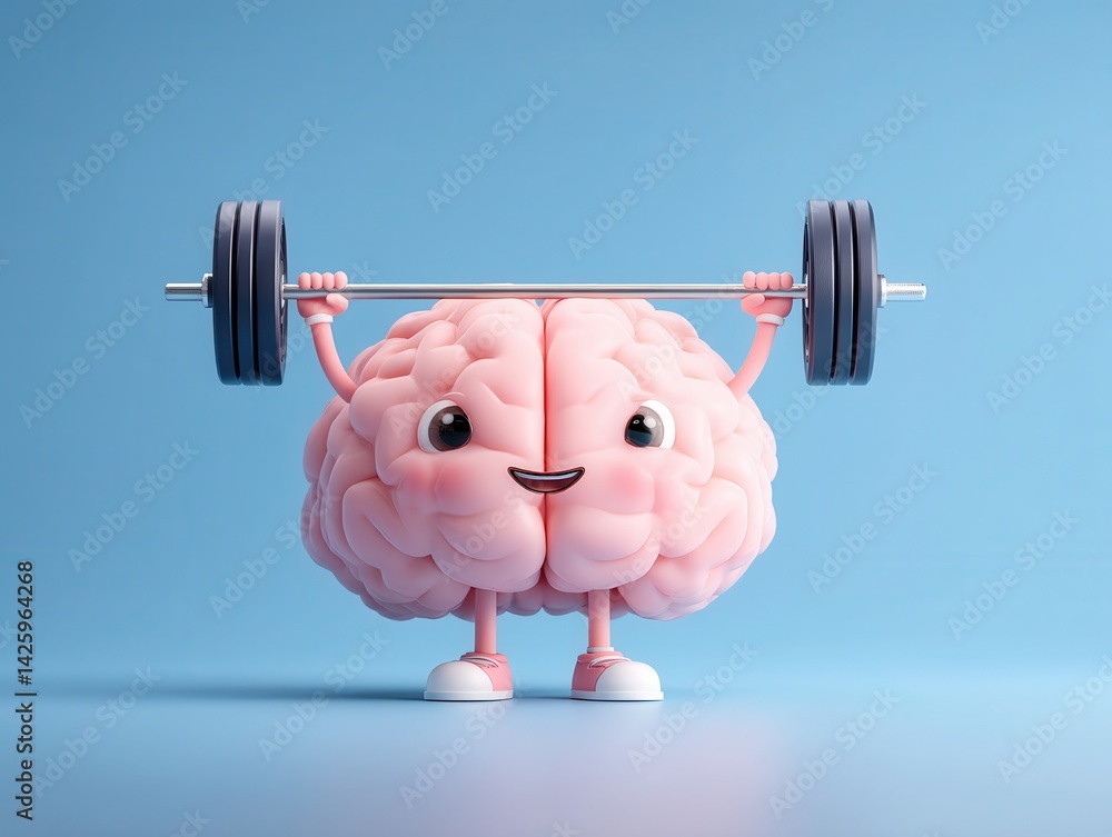 A cute cartoon brain with big eyes is smiling while lifting a heavy barbell against a blue background, symbolizing mental strength.