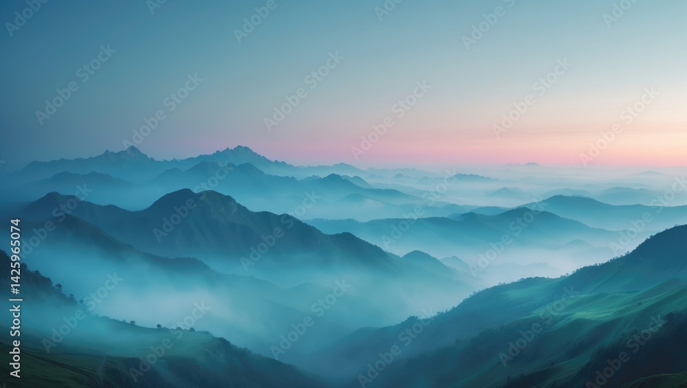 Fototapeta premium Majestic high mountains with lush green slopes shrouded in dense fog during sunset