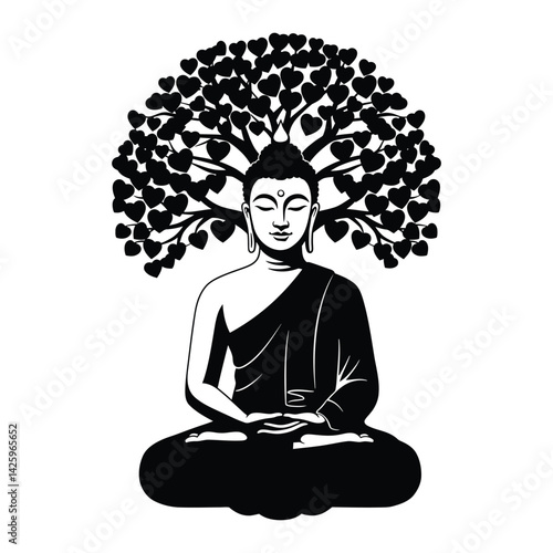 Lord Buddha Meditating Under the Bodhi Tree Vector in Black Color – Peaceful Vesak Day Design