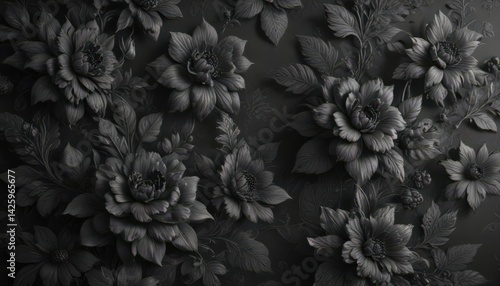 Intricate charcoal floral wallpaper, rich texture , luxury wallpaper, bloom, charcoal