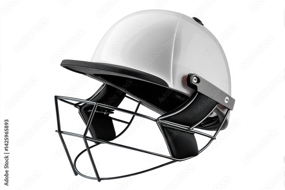 Fototapeta premium Close-up view of a cricket helmet with protective grille against a clean white background showcasing intricate details
