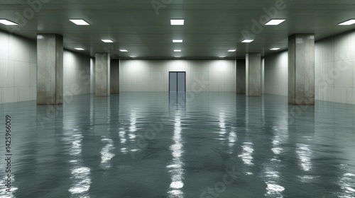 Modern industrial space with reflective water surface and central door design