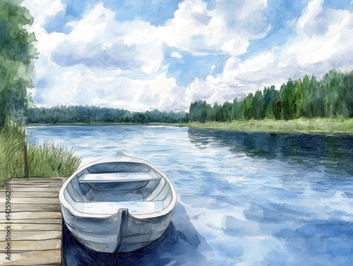 Boat rests on dock serene lakeside scene