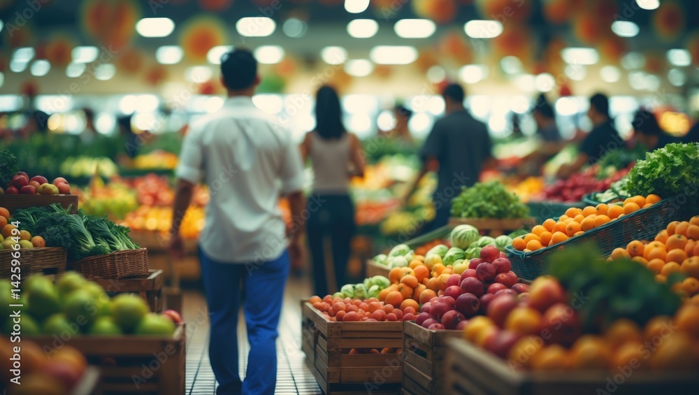 Customer purchasing fresh groceries with a softly blurred background and bokeh effects