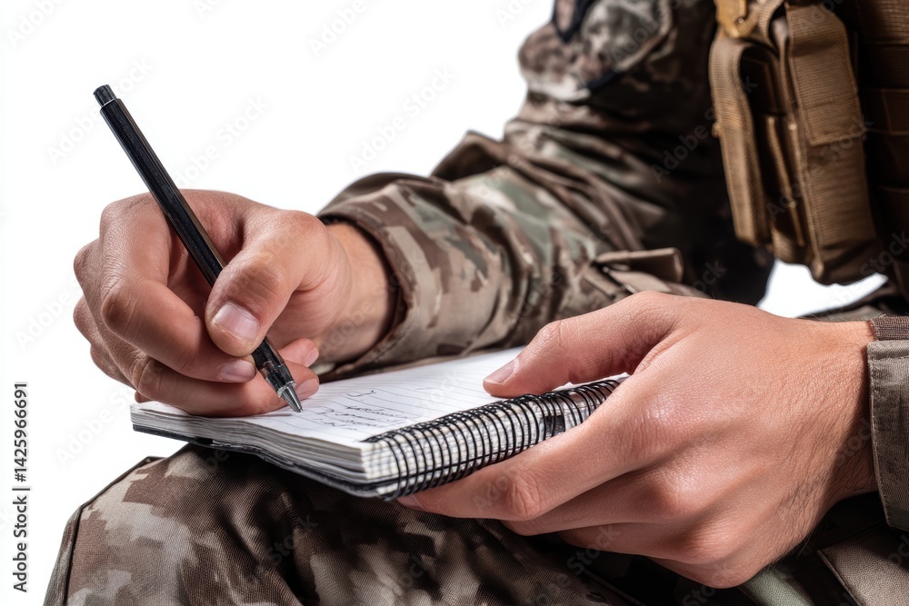 Fototapeta premium Soldier planning mission while writing in field notebook during operations