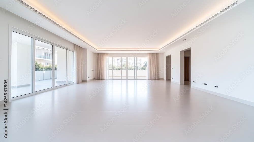 Spacious, modern, empty living area with large windows Spacious, modern, empty living area with large windows