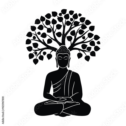 Lord Buddha Meditating Under the Bodhi Tree Vector in Black Color – Peaceful Vesak Day Design