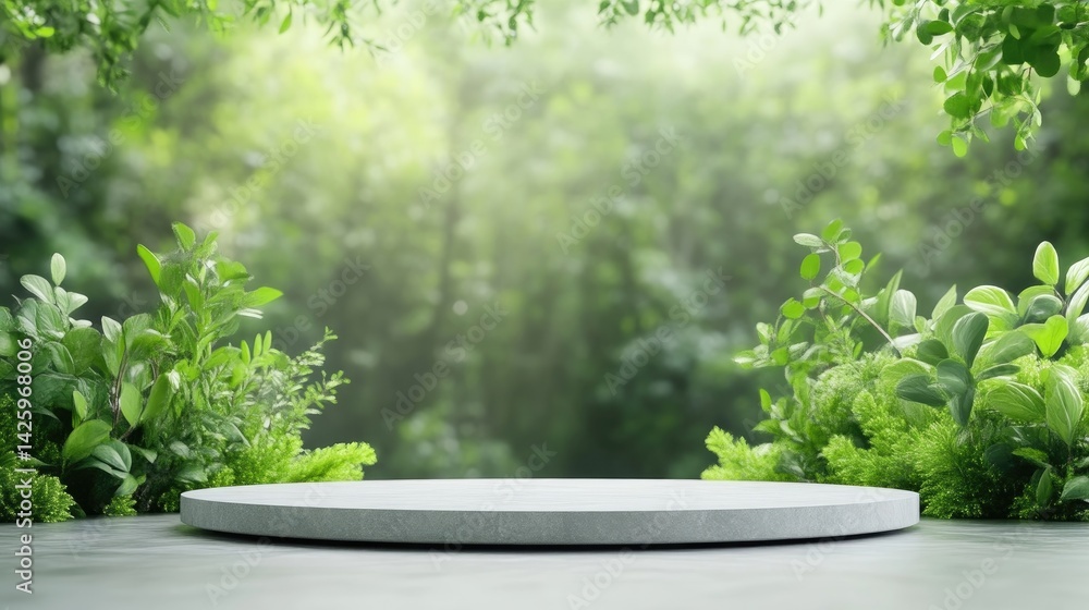 Fototapeta premium Empty round stone podium in a lush green forest setting. A blank, circular platform sits amidst vibrant foliage, bathed in soft natural light,