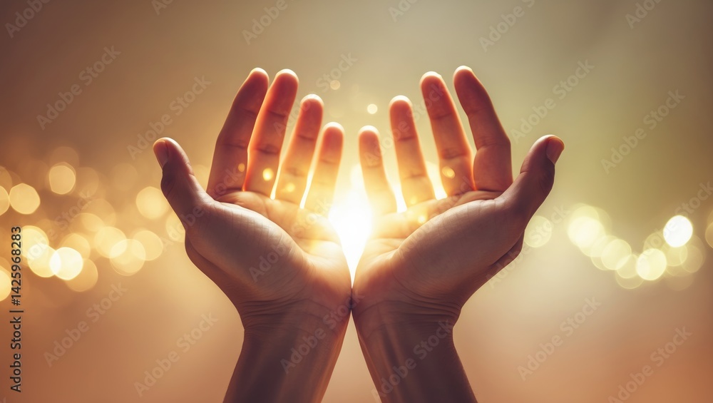 Human hands raised with palms open in reverence amidst a blurred backdrop Human hands raised with palms open in reverence amidst a blurred backdrop