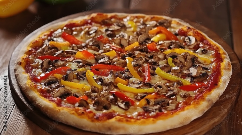 Vegetarian Pizza with Colorful Peppers and Mushroom Vegetarian Pizza with Colorful Peppers and Mushroom