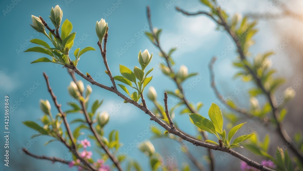 Obraz premium In spring, nature's growth blossoms with tree branches covered in new buds and blooming flowers.
