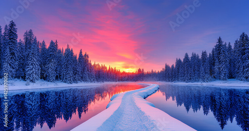 Winter Sunrise Path Across Frozen Lake
