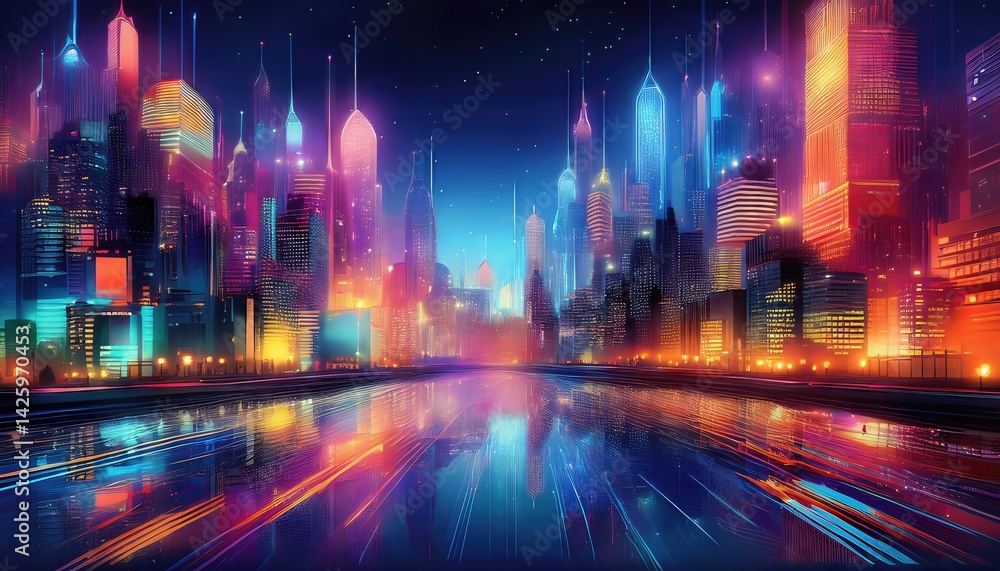 Vibrant Cityscape Illuminated by Colors and Lights Digital Painting Showcasing a Dazzling Night View of the Metropolis with a Spectacular Display of Hues Vibrant Cityscape Illuminated by Colors and Lights Digital Painting Showcasing a Dazzling Night View of the Metropolis with a Spectacular Display of Hues