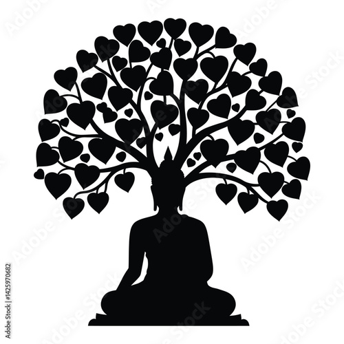 Lord Buddha Meditating Under the Bodhi Tree Vector in Black Color – Peaceful Vesak Day Design