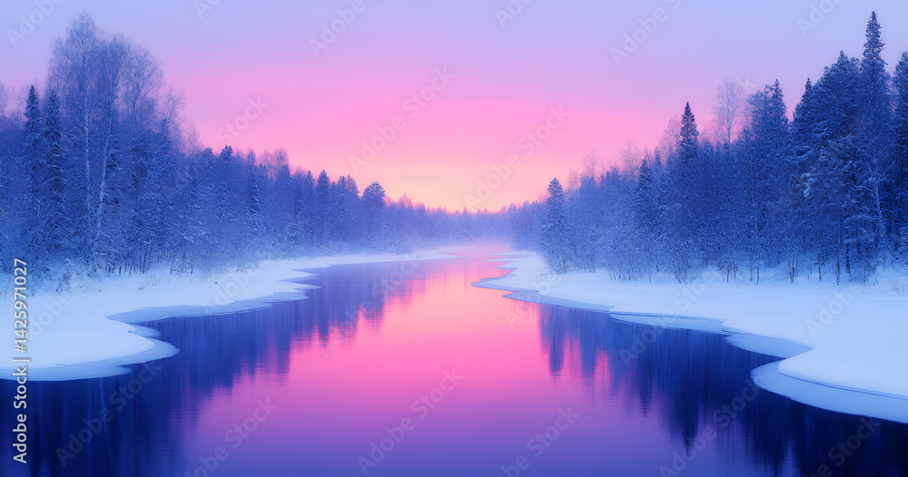 Fototapeta premium Serene Winter Sunrise over a Frozen River 