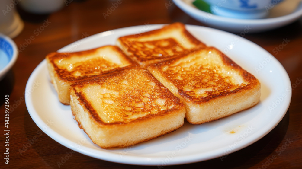 Delicious thick French toast served on white plate, showcasing golden brown crispy exterior. This delightful dish is perfect for breakfast or sweet treat Delicious thick French toast served on white plate, showcasing golden brown crispy exterior. This delightful dish is perfect for breakfast or sweet treat