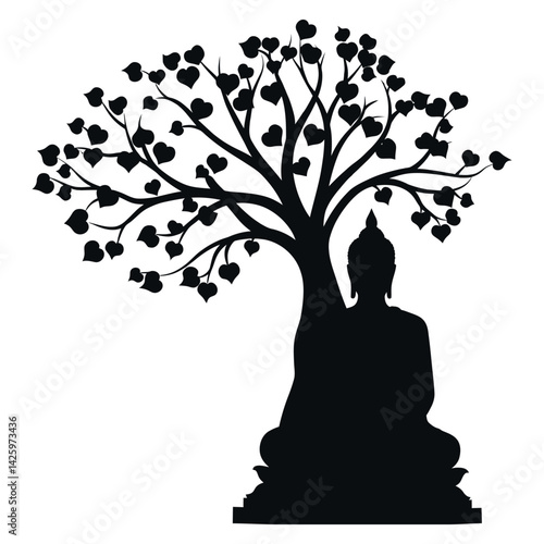 Lord Buddha Meditating Under the Bodhi Tree Vector in Black Color – Peaceful Vesak Day Design