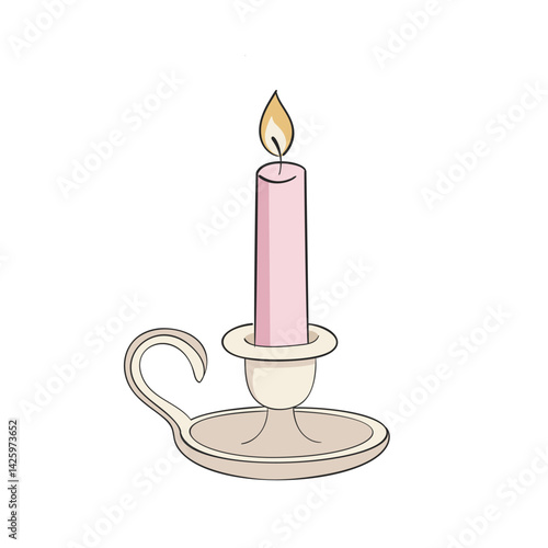Candle on candlestick. Vector isolated set of home decoration and accessories. Romantic or atmospheric design for apartment or dwelling. Handmade craft item