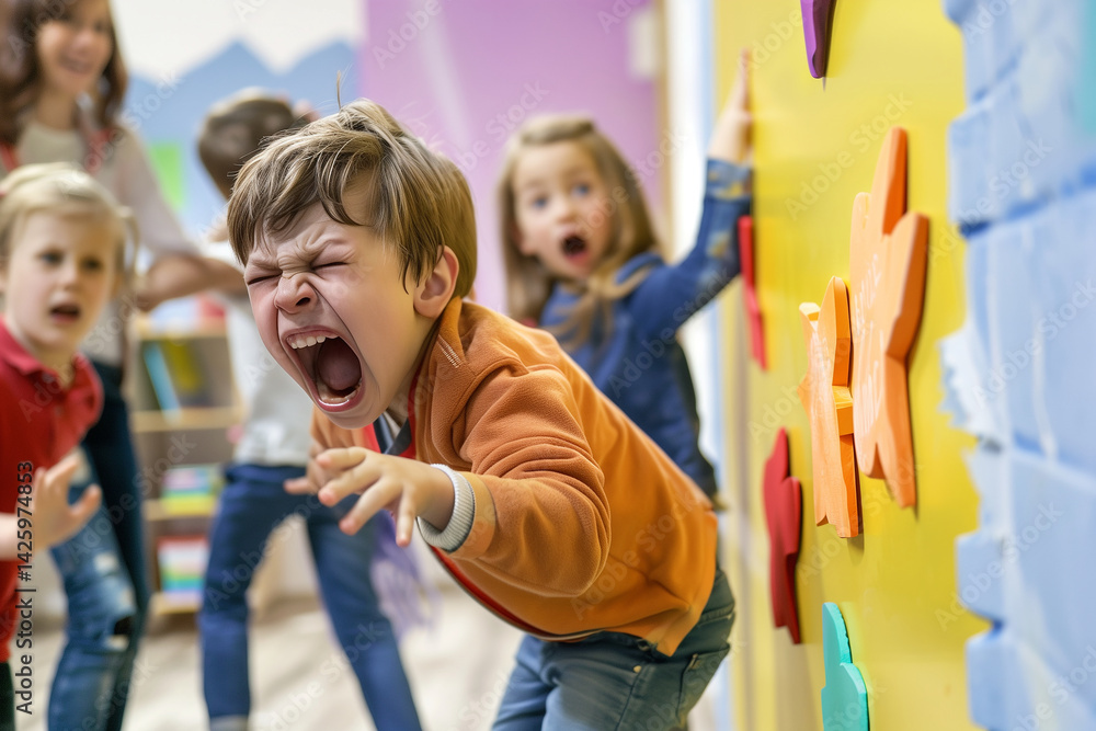 Child crying in a classroom, with a teacher and other children looking concerned. Generative AI
