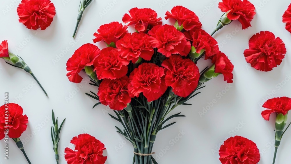 Red carnation bouquet on white background with space for text, top view flat lay