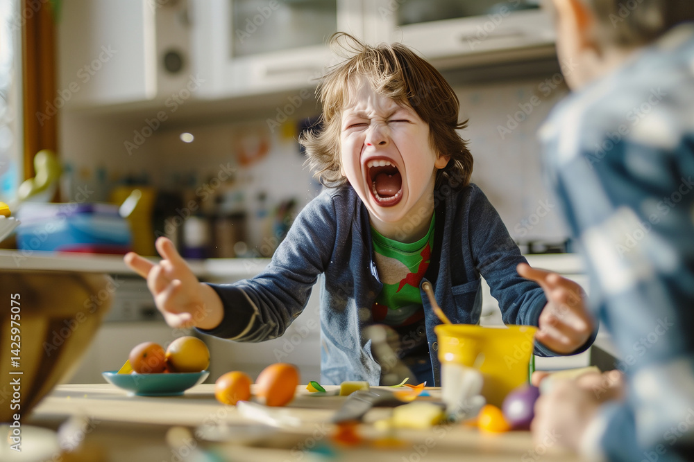 Child shouting angrily while knocking over items on a table. Generative AI