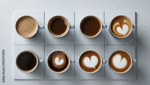 Obraz na płótnie Set of aromatic coffee drinks with foam isolated on white background w salonie