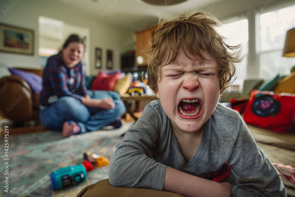 Kid yelling angrily with arms crossed defiantly in a living room. Generative AI
