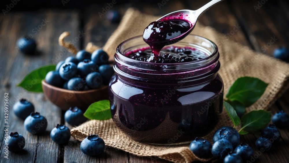 Wooden table featuring blueberry jam with ripe berries