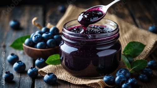 Obraz na płótnie Wooden table featuring blueberry jam with ripe berries w salonie