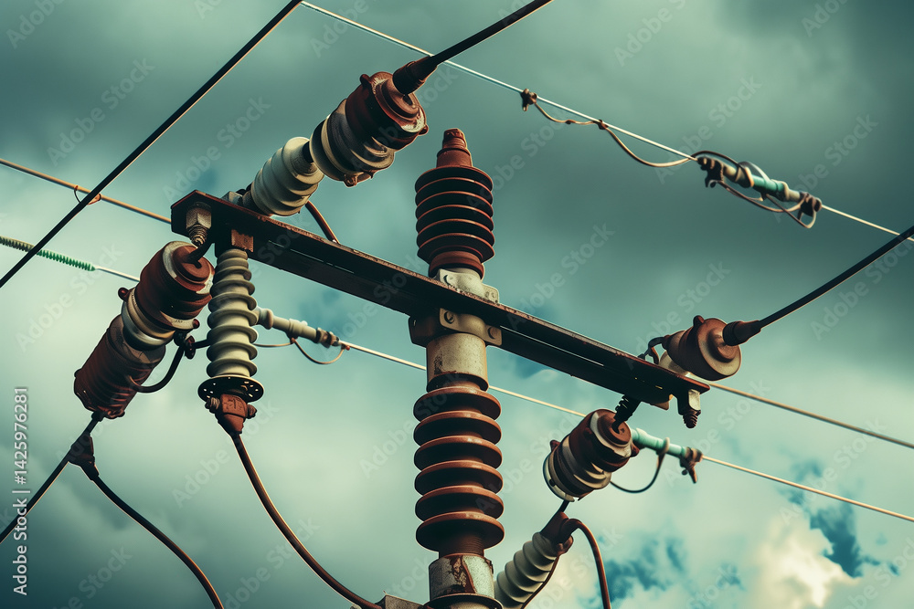 Electrical insulators on a power line. Generative AI
