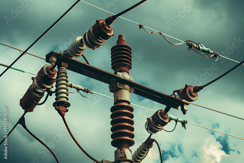 Electrical insulators on a power line. Generative AI