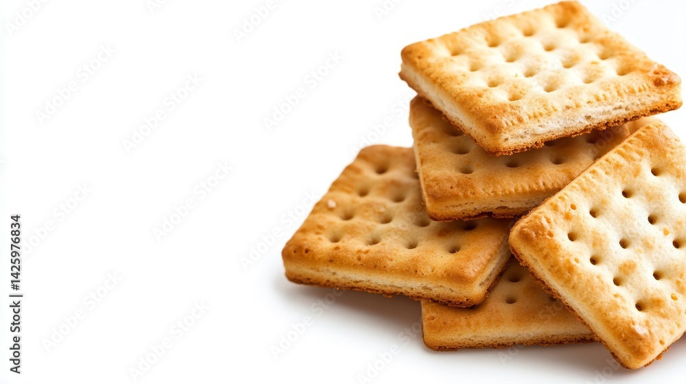 A small stack of golden brown, square crackers with a perforated surface sits on the lower right of a bright white background A small stack of golden brown, square crackers with a perforated surface sits on the lower right of a bright white background