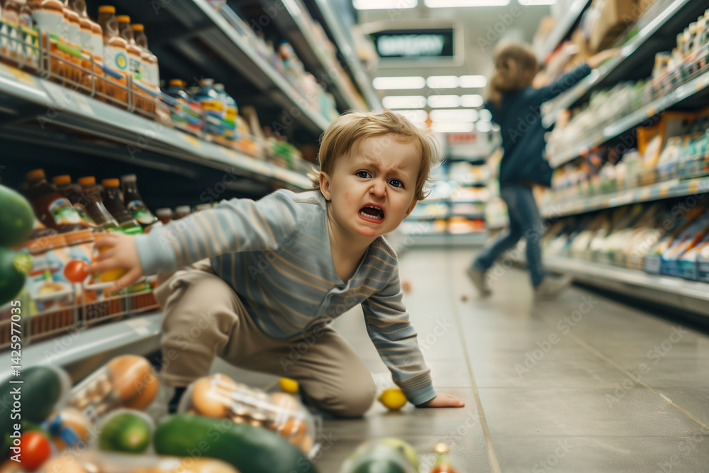 Frowning child in a supermarket. Generative AI
