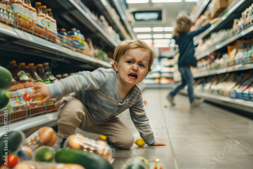 Frowning child in a supermarket. Generative AI