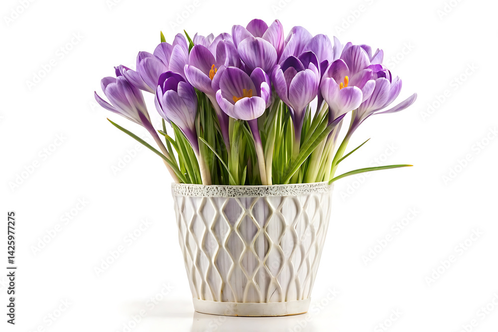 Cutout of a vase of pastel purple Crocus and flowers in a white textured pot for home decoration isolated on white background Cutout of a vase of pastel purple Crocus and flowers in a white textured pot for home decoration isolated on white background