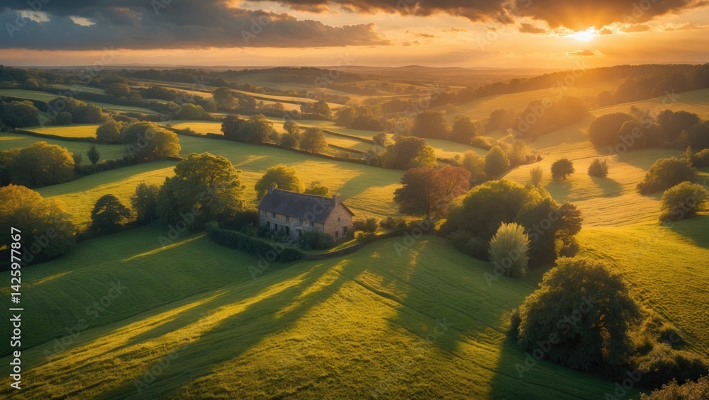 Sunset aerial perspective of the rural area with dramatic illumination on trees and hedgerows