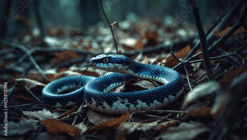 A lively snake is perched above a collection of freshly fallen leaves