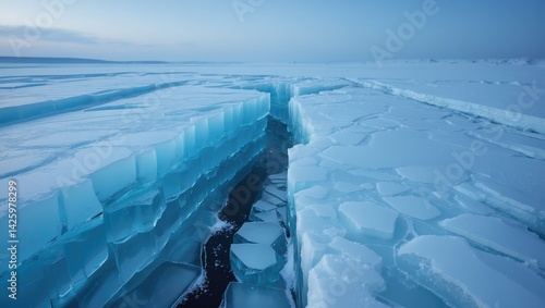 Frosted ice texture with blue cracks on the surface background.