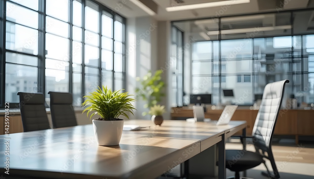 modern office scene featuring close up of desk with potted plant, sleek chair in background, and large windows allowing natural light. atmosphere is calm and inviting modern office scene featuring close up of desk with potted plant, sleek chair in background, and large windows allowing natural light. atmosphere is calm and inviting